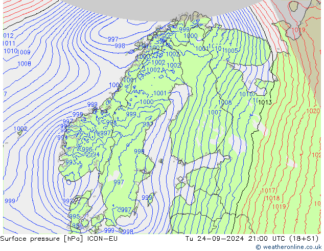 Atmosférický tlak ICON-EU Út 24.09.2024 21 UTC