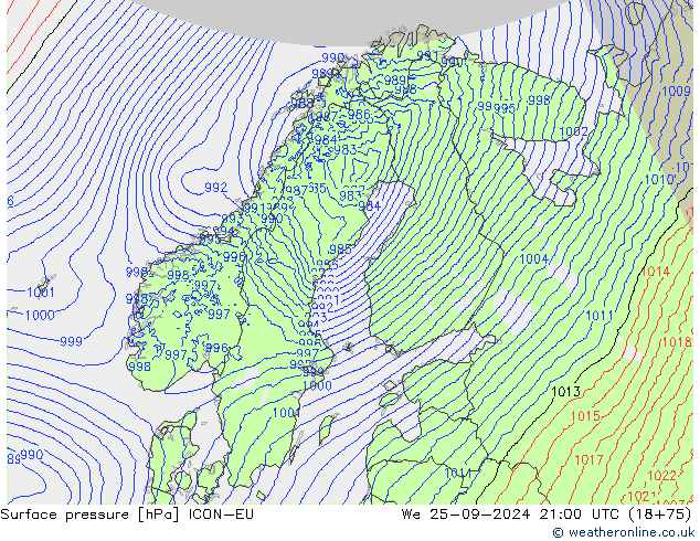 pressão do solo ICON-EU Qua 25.09.2024 21 UTC