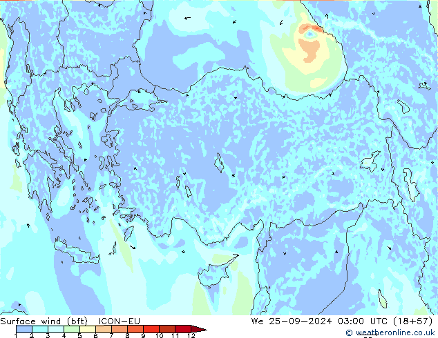 Vento 10 m (bft) ICON-EU mer 25.09.2024 03 UTC