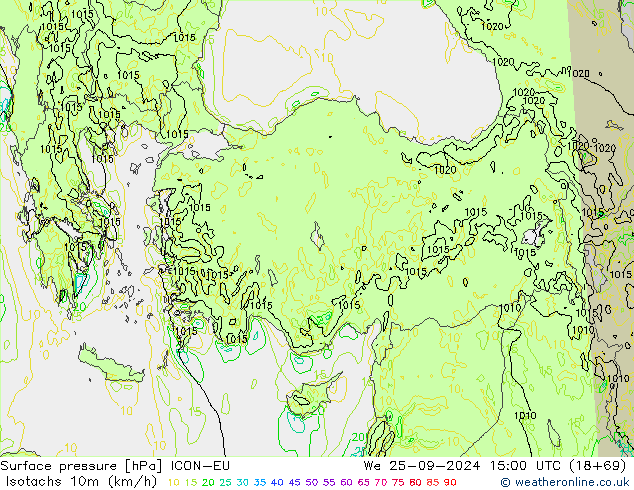 Isotachs (kph) ICON-EU Qua 25.09.2024 15 UTC