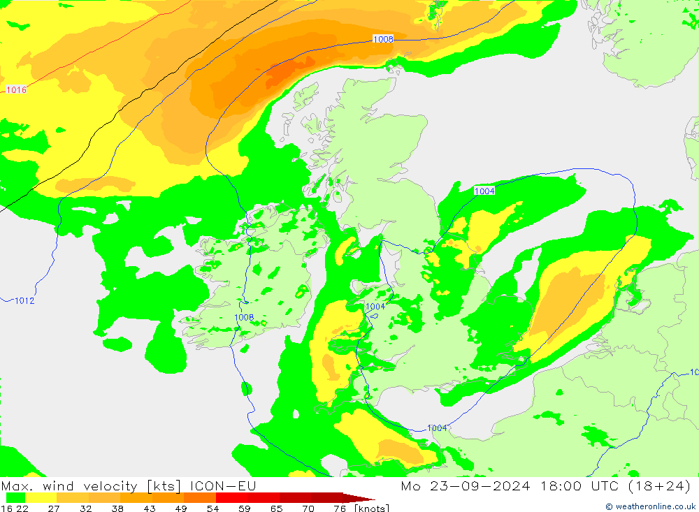 Max. wind velocity ICON-EU lun 23.09.2024 18 UTC