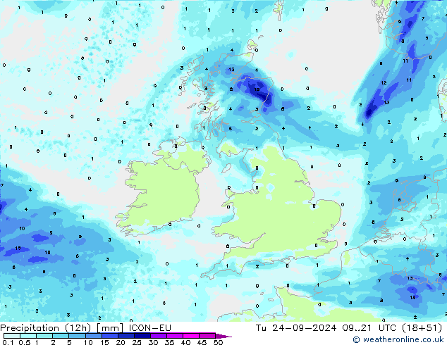 Totale neerslag (12h) ICON-EU di 24.09.2024 21 UTC