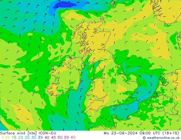 Surface wind ICON-EU Mo 23.09.2024 09 UTC