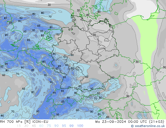 RH 700 hPa ICON-EU Mo 23.09.2024 00 UTC