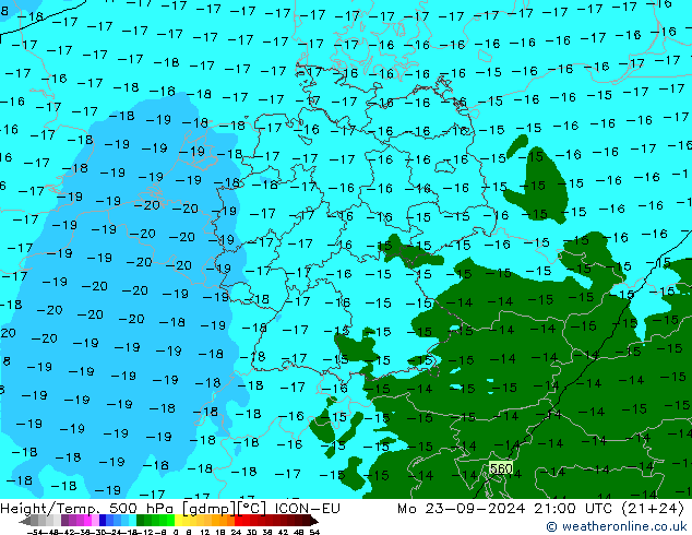 Height/Temp. 500 hPa ICON-EU Mo 23.09.2024 21 UTC