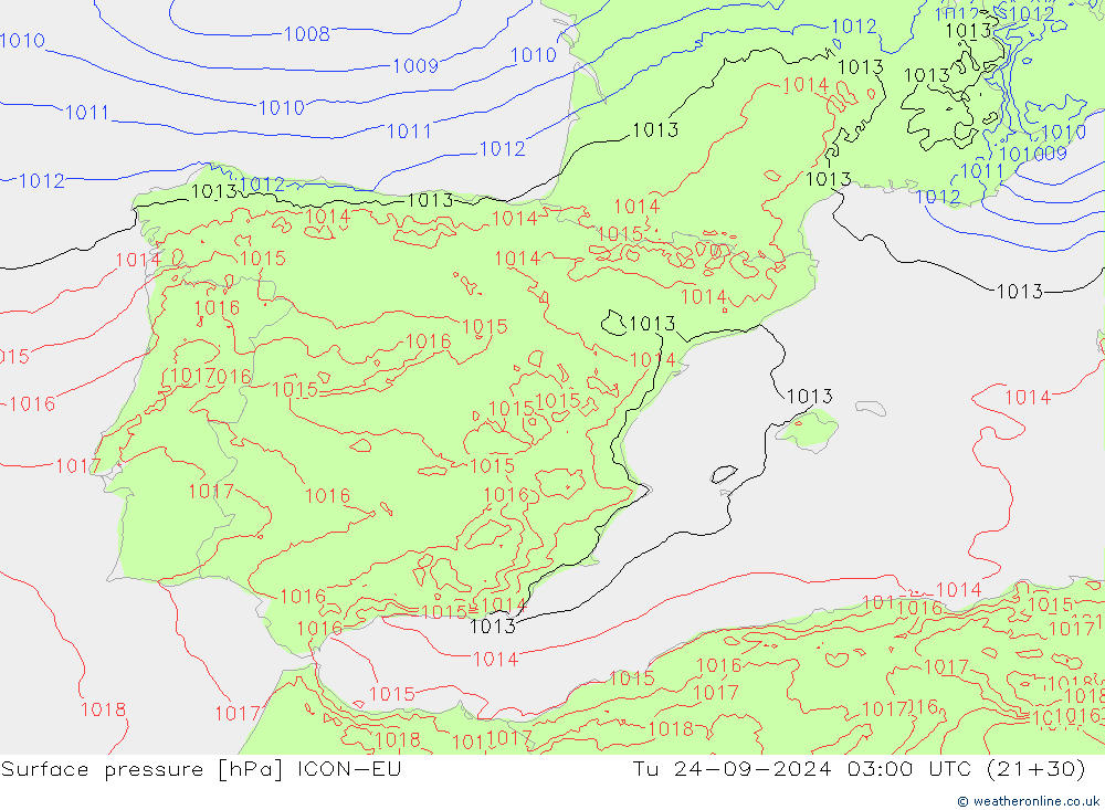 Surface pressure ICON-EU Tu 24.09.2024 03 UTC