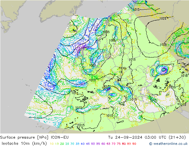 Isotachs (kph) ICON-EU Tu 24.09.2024 03 UTC