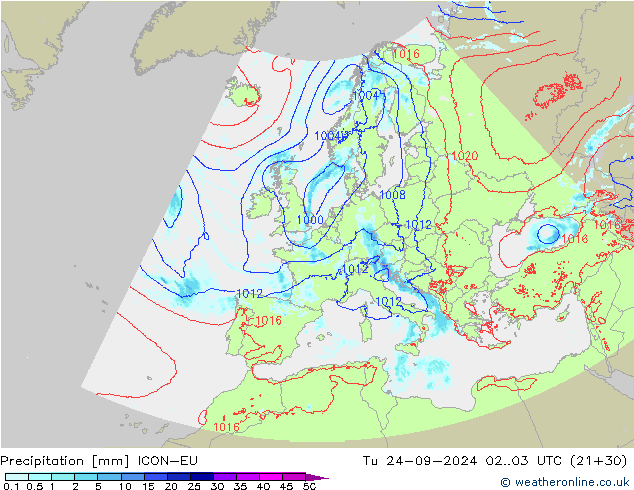 Srážky ICON-EU Út 24.09.2024 03 UTC