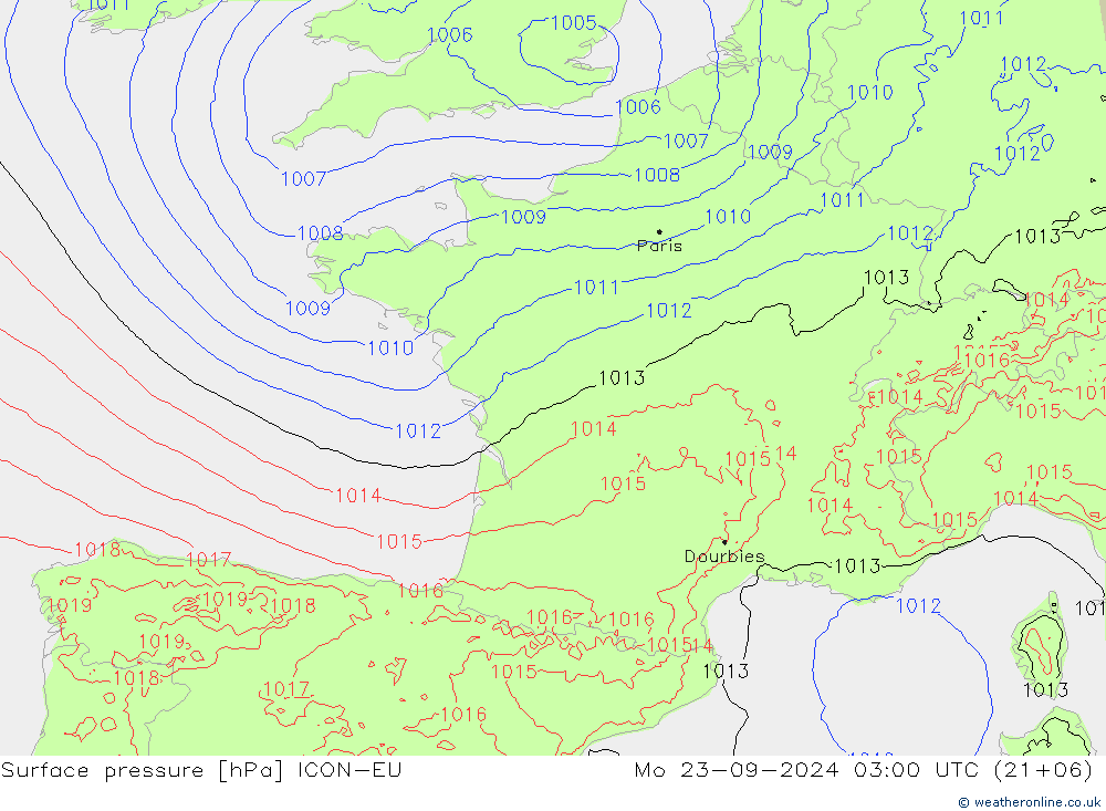 Surface pressure ICON-EU Mo 23.09.2024 03 UTC