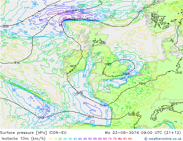 Isotachs (kph) ICON-EU  23.09.2024 09 UTC