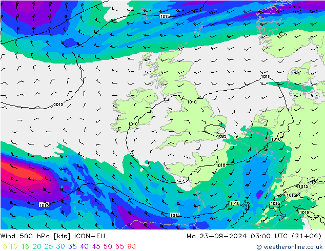 Vent 500 hPa ICON-EU lun 23.09.2024 03 UTC