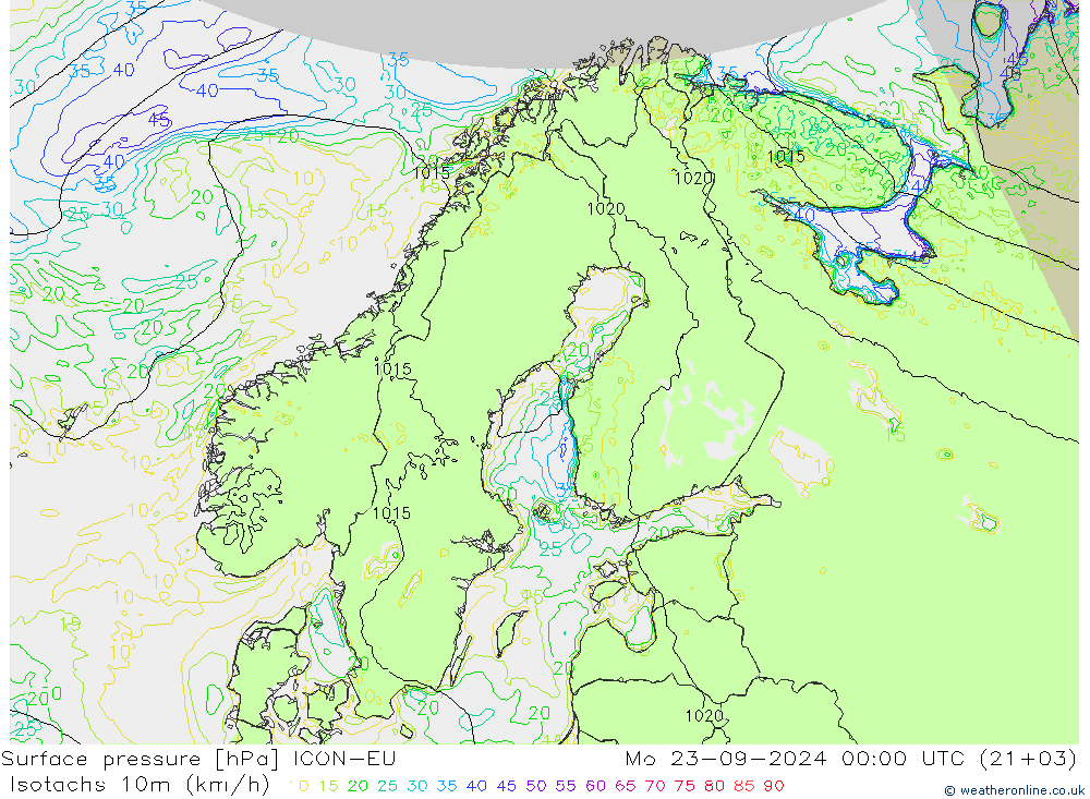 Isotachen (km/h) ICON-EU ma 23.09.2024 00 UTC