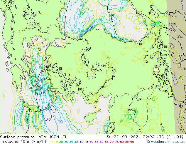 Isotachs (kph) ICON-EU Su 22.09.2024 22 UTC