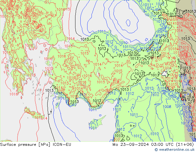 Surface pressure ICON-EU Mo 23.09.2024 03 UTC