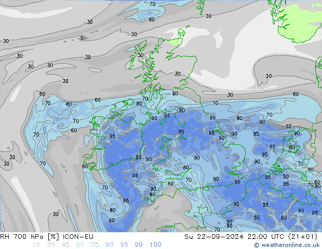 RH 700 hPa ICON-EU Su 22.09.2024 22 UTC