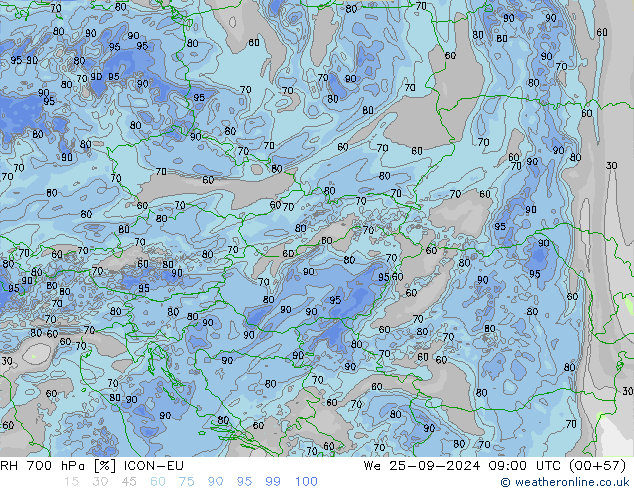 RH 700 hPa ICON-EU Mi 25.09.2024 09 UTC