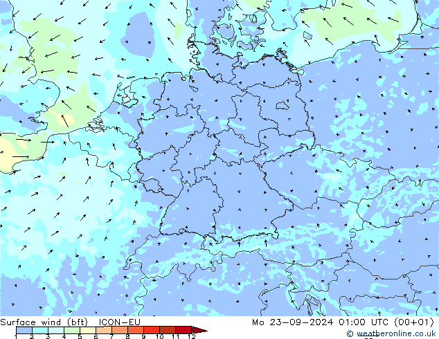 Surface wind (bft) ICON-EU Mo 23.09.2024 01 UTC