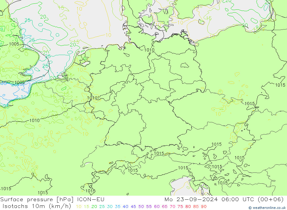 Eşrüzgar Hızları (km/sa) ICON-EU Pzt 23.09.2024 06 UTC