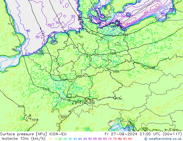 Isotachs (kph) ICON-EU  27.09.2024 21 UTC