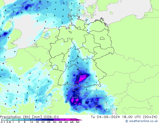 Precipitation (6h) ICON-EU Tu 24.09.2024 00 UTC