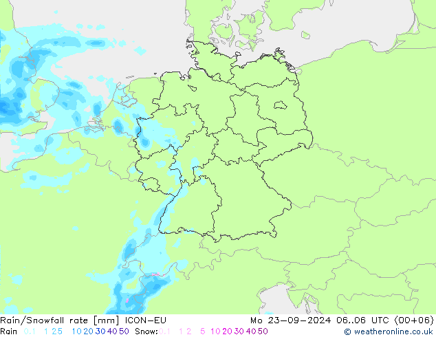 Rain/Snowfall rate ICON-EU Seg 23.09.2024 06 UTC