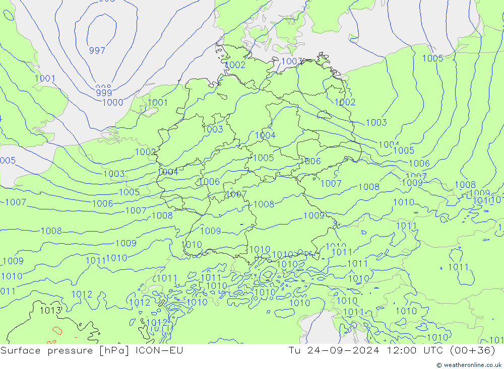 Presión superficial ICON-EU mar 24.09.2024 12 UTC