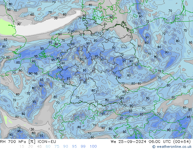 Humidité rel. 700 hPa ICON-EU mer 25.09.2024 06 UTC