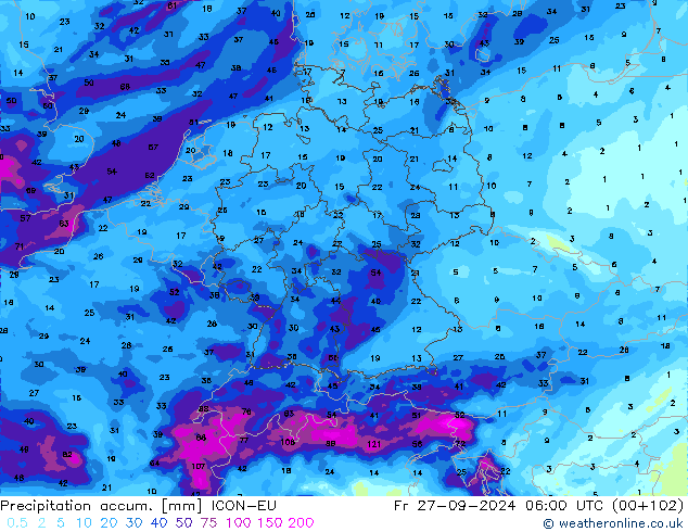 Precipitation accum. ICON-EU Fr 27.09.2024 06 UTC