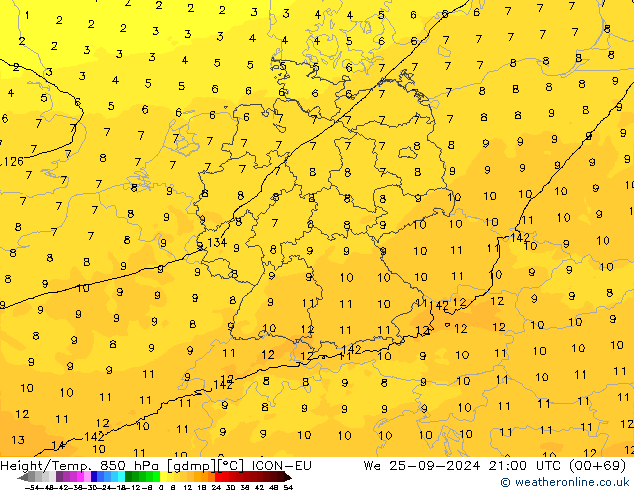 Height/Temp. 850 гПа ICON-EU ср 25.09.2024 21 UTC