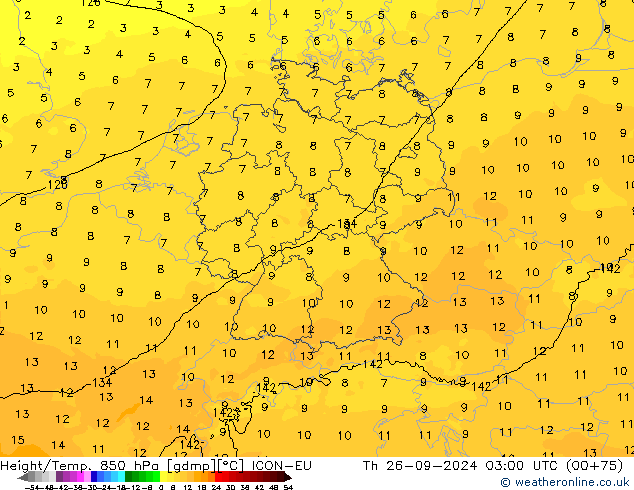 Geop./Temp. 850 hPa ICON-EU jue 26.09.2024 03 UTC