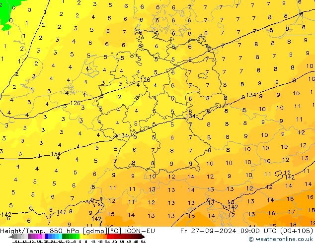 Height/Temp. 850 hPa ICON-EU Fr 27.09.2024 09 UTC