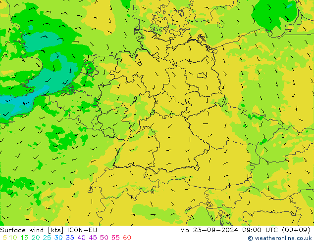 Surface wind ICON-EU Mo 23.09.2024 09 UTC