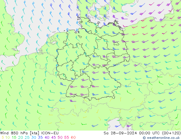 Vent 850 hPa ICON-EU sam 28.09.2024 00 UTC