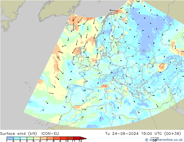 Vento 10 m (bft) ICON-EU Ter 24.09.2024 15 UTC
