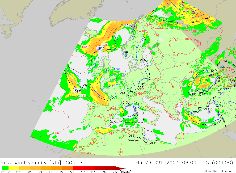 Max. wind velocity ICON-EU lun 23.09.2024 06 UTC