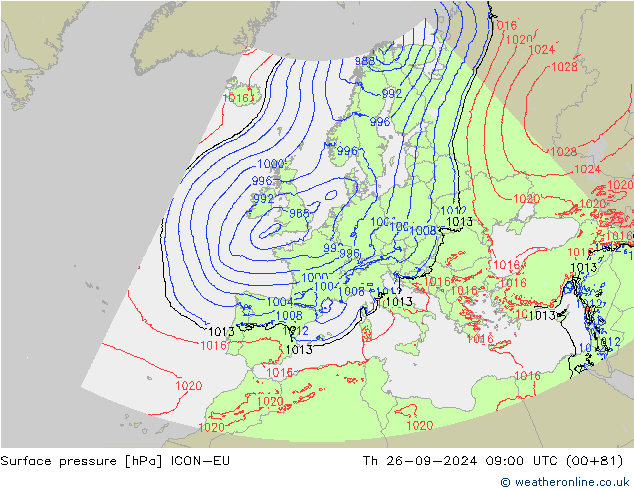 Surface pressure ICON-EU Th 26.09.2024 09 UTC