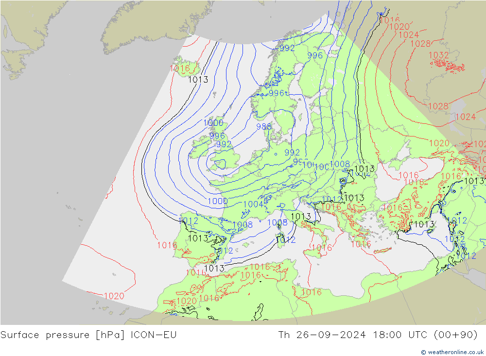 Surface pressure ICON-EU Th 26.09.2024 18 UTC