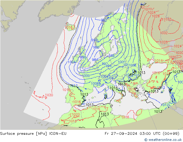 Surface pressure ICON-EU Fr 27.09.2024 03 UTC