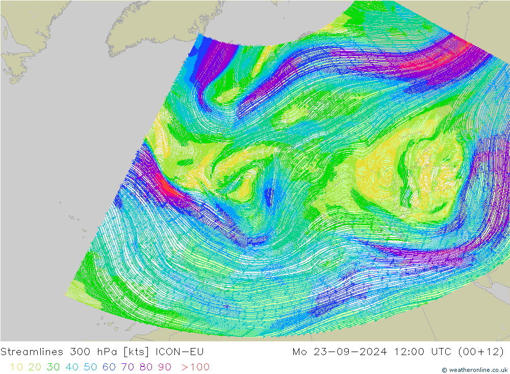 Stromlinien 300 hPa ICON-EU Mo 23.09.2024 12 UTC