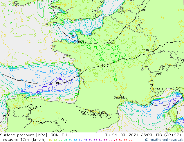 Isotaca (kph) ICON-EU mar 24.09.2024 03 UTC