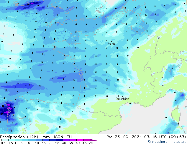 Precipitation (12h) ICON-EU We 25.09.2024 15 UTC