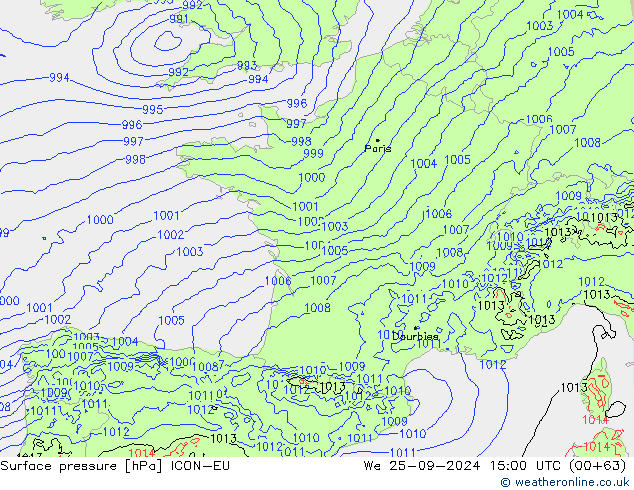 Surface pressure ICON-EU We 25.09.2024 15 UTC