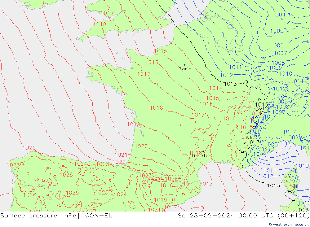 Surface pressure ICON-EU Sa 28.09.2024 00 UTC