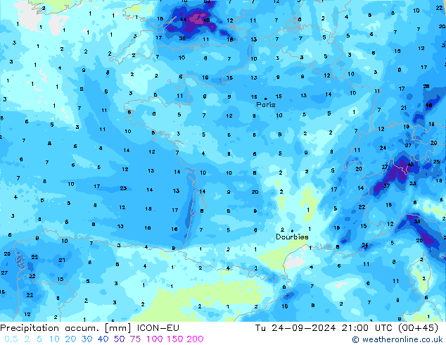 Precipitation accum. ICON-EU wto. 24.09.2024 21 UTC