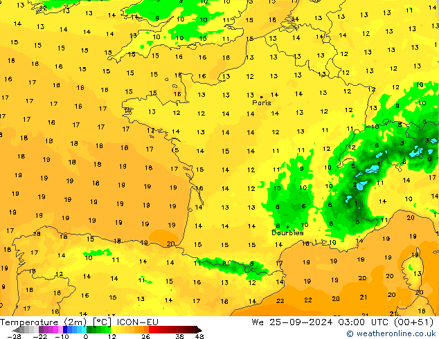 Temperaturkarte (2m) ICON-EU Mi 25.09.2024 03 UTC