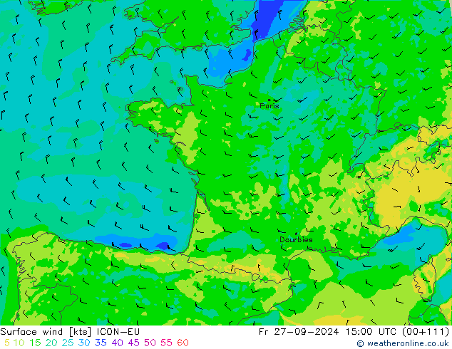 Surface wind ICON-EU Fr 27.09.2024 15 UTC