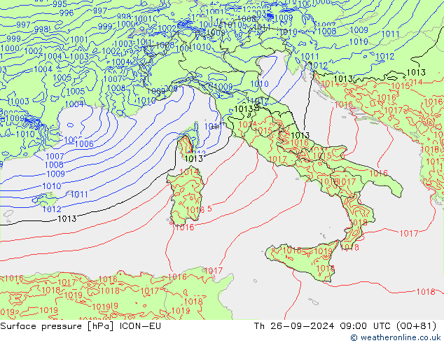 Surface pressure ICON-EU Th 26.09.2024 09 UTC