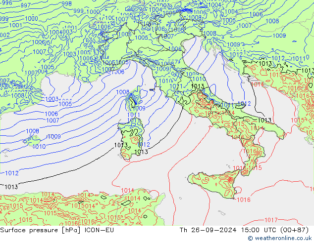 Surface pressure ICON-EU Th 26.09.2024 15 UTC