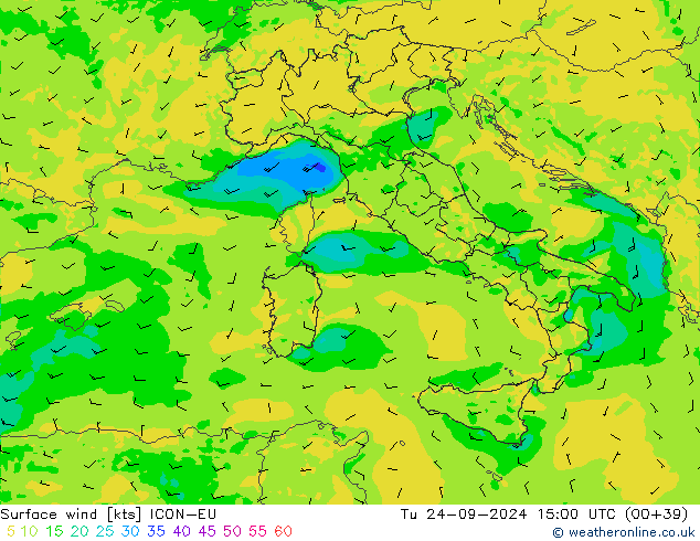 Vento 10 m ICON-EU Ter 24.09.2024 15 UTC