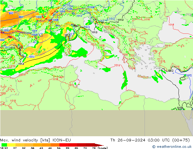 Max. wind velocity ICON-EU gio 26.09.2024 03 UTC